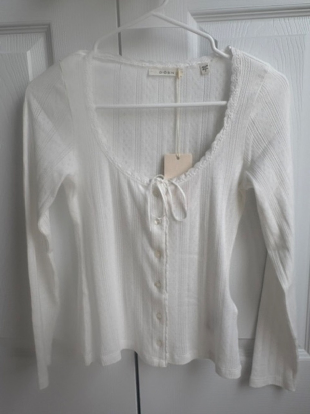 NWT Doen Lori Pointelle button up Tee in Salt (white), size Small - Picture 3 of 11
